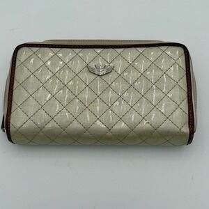 Consuela Quilted Metallic Zip Around Wallet Clutch Ivory Gold Tone Logo EUC